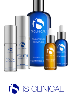 A collection of iS Clinical skincare products, including Youth Complex, Cleansing Complex, and Super Serum, arranged attractively.