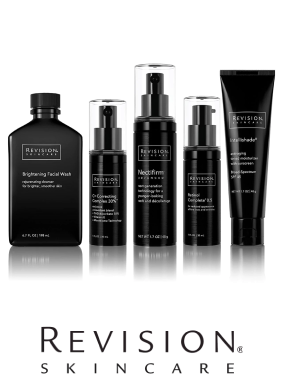 Five Revision Skincare products displayed: Brightening Facial Wash, Neocutis, and moisturizing serums, all in sleek black packaging.