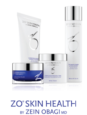 A collection of ZO Skin Health skincare products by Zein Obagi, including a cleanser, polish, and cream, displayed on a white background.