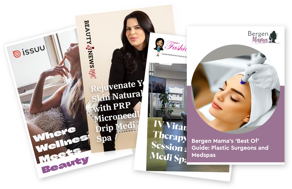 A collage of promotional images for beauty and wellness services, featuring ads for skincare, medispas, and fashion suggestions.